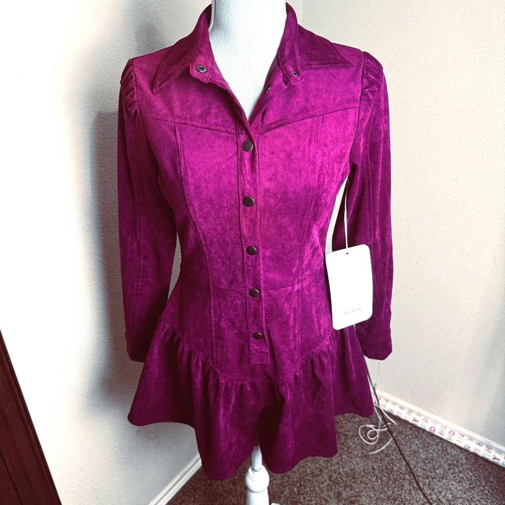 Heyson Merlot Burgundy Faux Suede Snap Front Ruffle Romper Small cowgirl NEW